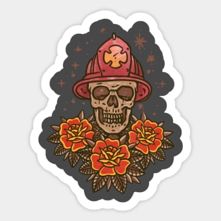 Skull firefighter with helmet and roses Sticker